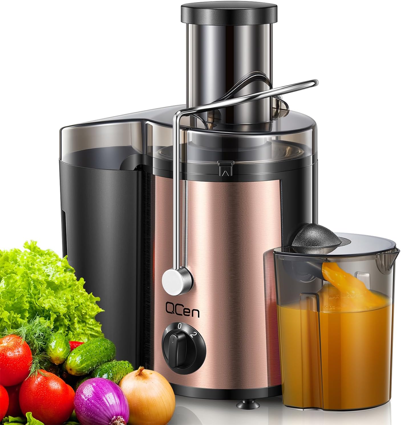 Qcen Juicer Machine, 500W Centrifugal Juicer Extractor with Wide Mouth 3” Feed Chute for Fruit Vegetable, Easy to Clean, Stainless Steel, BPA-free (Black)