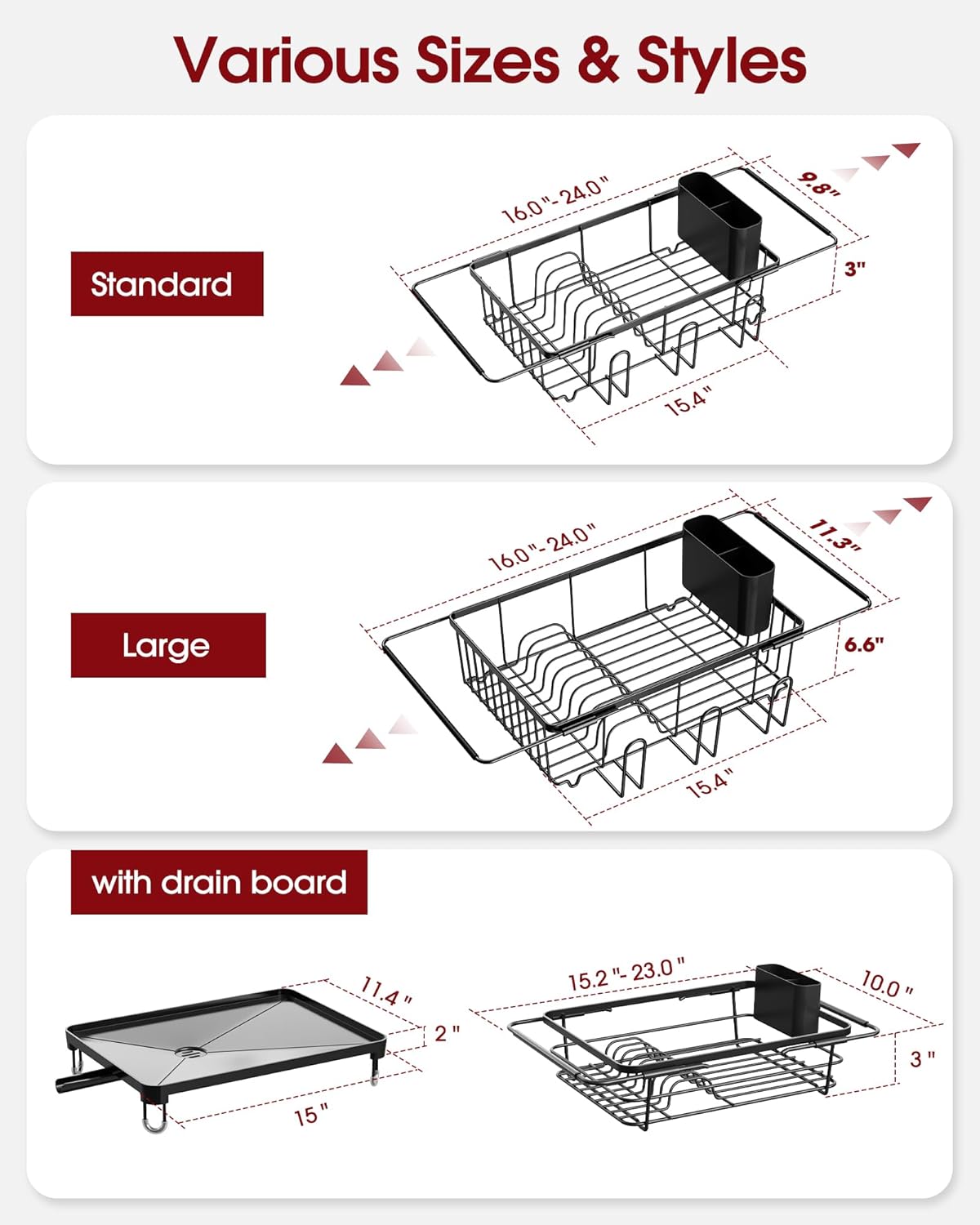 Sakugi Dish Drying Rack in Sink - Expandable Stainless Steel Dish Rack Over the Sink, Kitchen Sink Drain Strainer with Cutlery Holder & Cup Holders, 15.4 x 9.8 x 3.0 Inch, Silver