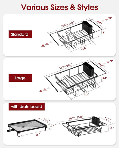 Sakugi Dish Drying Rack in Sink - Expandable Stainless Steel Dish Rack Over the Sink, Kitchen Sink Drain Strainer with Cutlery Holder & Cup Holders, 15.4 x 9.8 x 3.0 Inch, Silver