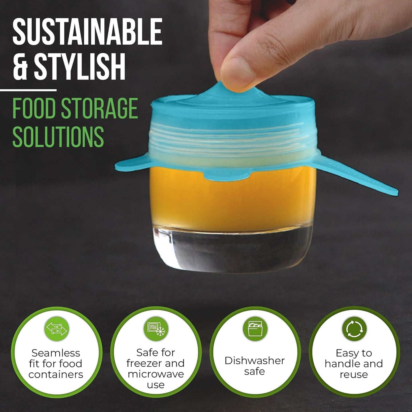 Reusable Silicone Stretch Lids for Food Storage in Fridge - Elastic Heat-Resistant Bowl Covers, Cups, Cans, Jars - Universal Food Grade Lid for Round and Rectangle Containers - Dishwasher Safe -7 Pack