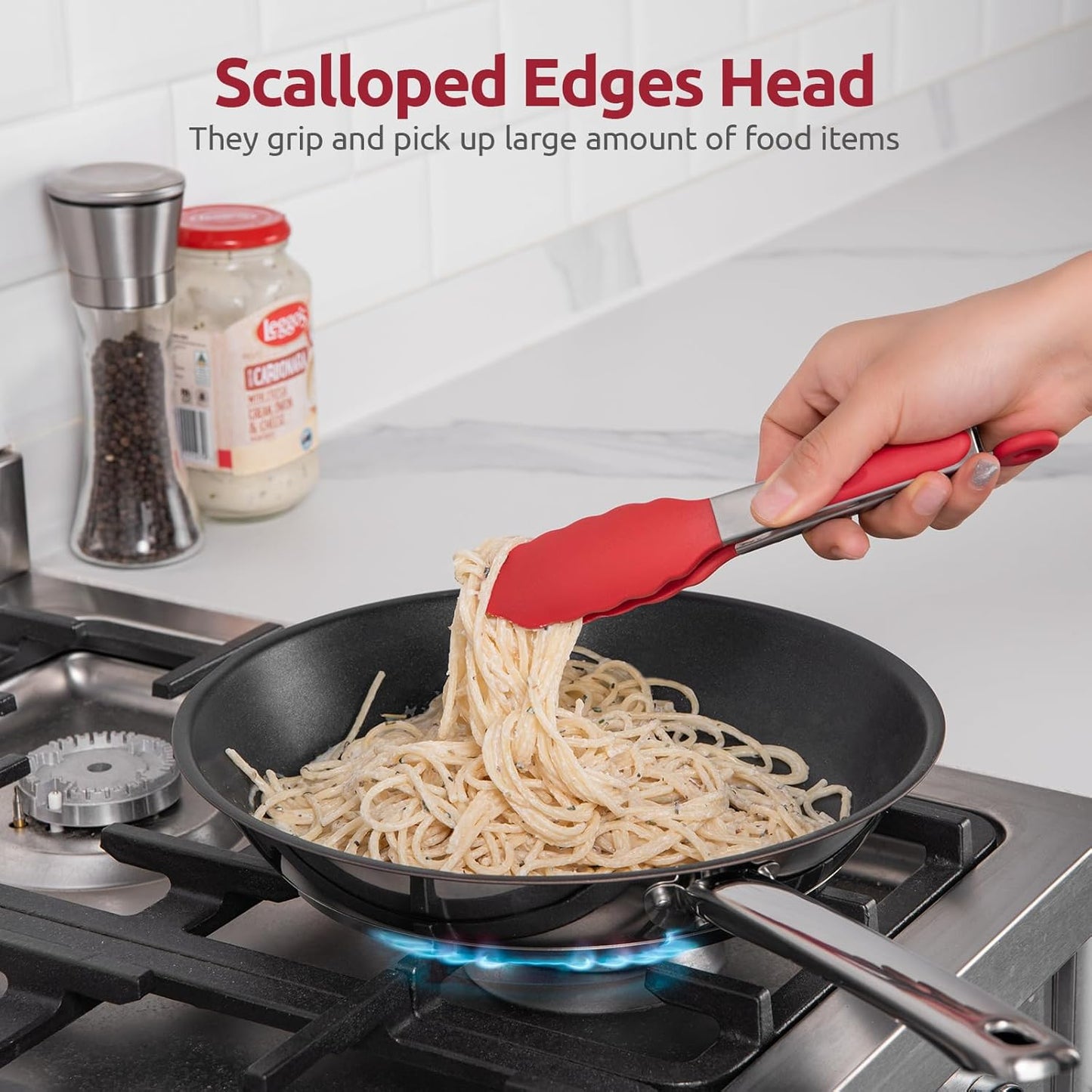 600ºF Heat Resistant Kitchen Tongs: U-Taste 9 inch Silicone Cooking Tong with Firm Sealed Non Stick Rubber Tips & Silicon Coated 18/8 Stainless Steel Handle & Smooth Locking for Serving Salad (Black)