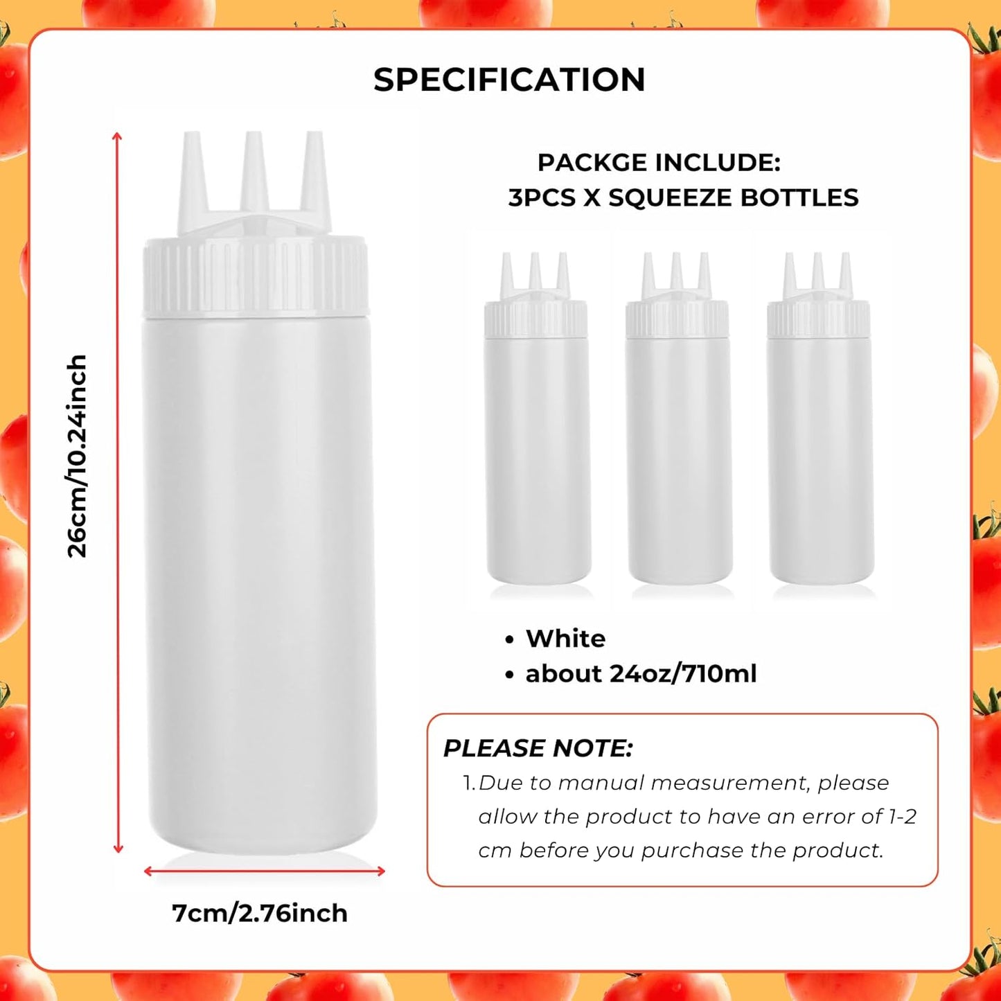 beyonday 3pcs Seasoning Squeeze Bottles, 3 Hole Ketchup Mustard Dressing Squeeze Squirt Bottles, Salad Sauce Condiment Cream Squeeze Bottles for Kitchen Restaurant Bakery (24oz, Multicolor)