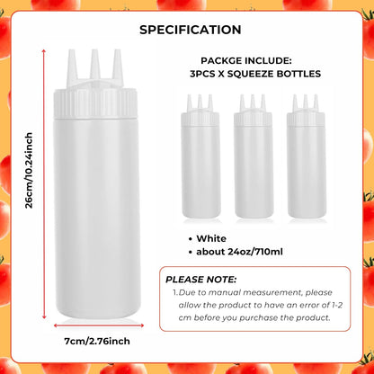 beyonday 3pcs Seasoning Squeeze Bottles, 3 Hole Ketchup Mustard Dressing Squeeze Squirt Bottles, Salad Sauce Condiment Cream Squeeze Bottles for Kitchen Restaurant Bakery (24oz, Multicolor)