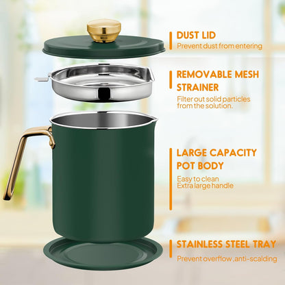Chihee Grease Container Stainless Steel Bacon Grease Saver with Fine Mesh Strainer 2L / 67.6 fl oz Cooking Oil Keeper Stoarge Can with Dust-proof Lid Non-slip Tray for Kitchen Frying