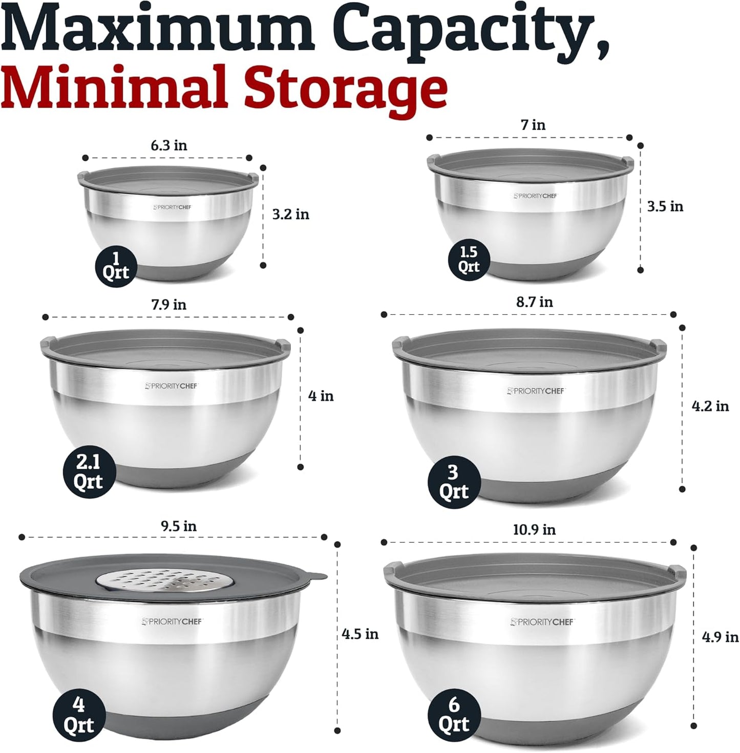 Priority Chef 6Pc Large Mixing Bowls With Lids Set with Non-Slip Bases, Stainless Steel Mixing Bowl Set, 6 Airtight Lids and 3 Graters, Turquoise