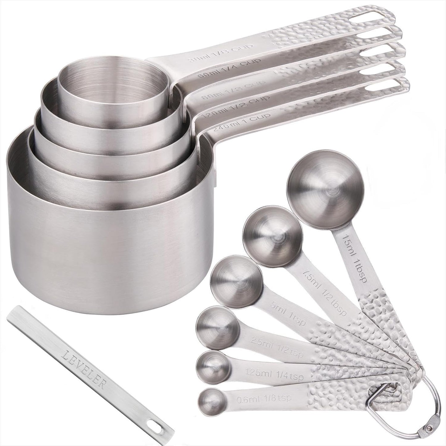Measuring Spoons Set, 18/8 Stainless Steel Measuring Spoons Set for Dry&Liquid, Metal Metric & US Measuring Spoon with 1 Leveler and Locking Ring for Kitchen & Baking