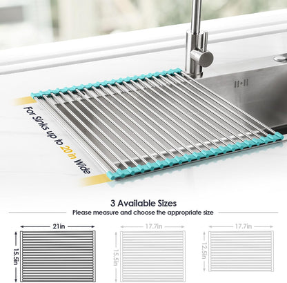 Tomorotec 17.7" x 15.5" Roll Up Dish Drying Rack Over Sink Drying Rack Sink Cover Kitchen Sink Accessories Gadget Multipurpose Organizer Foldable Stainless Steel Drainer