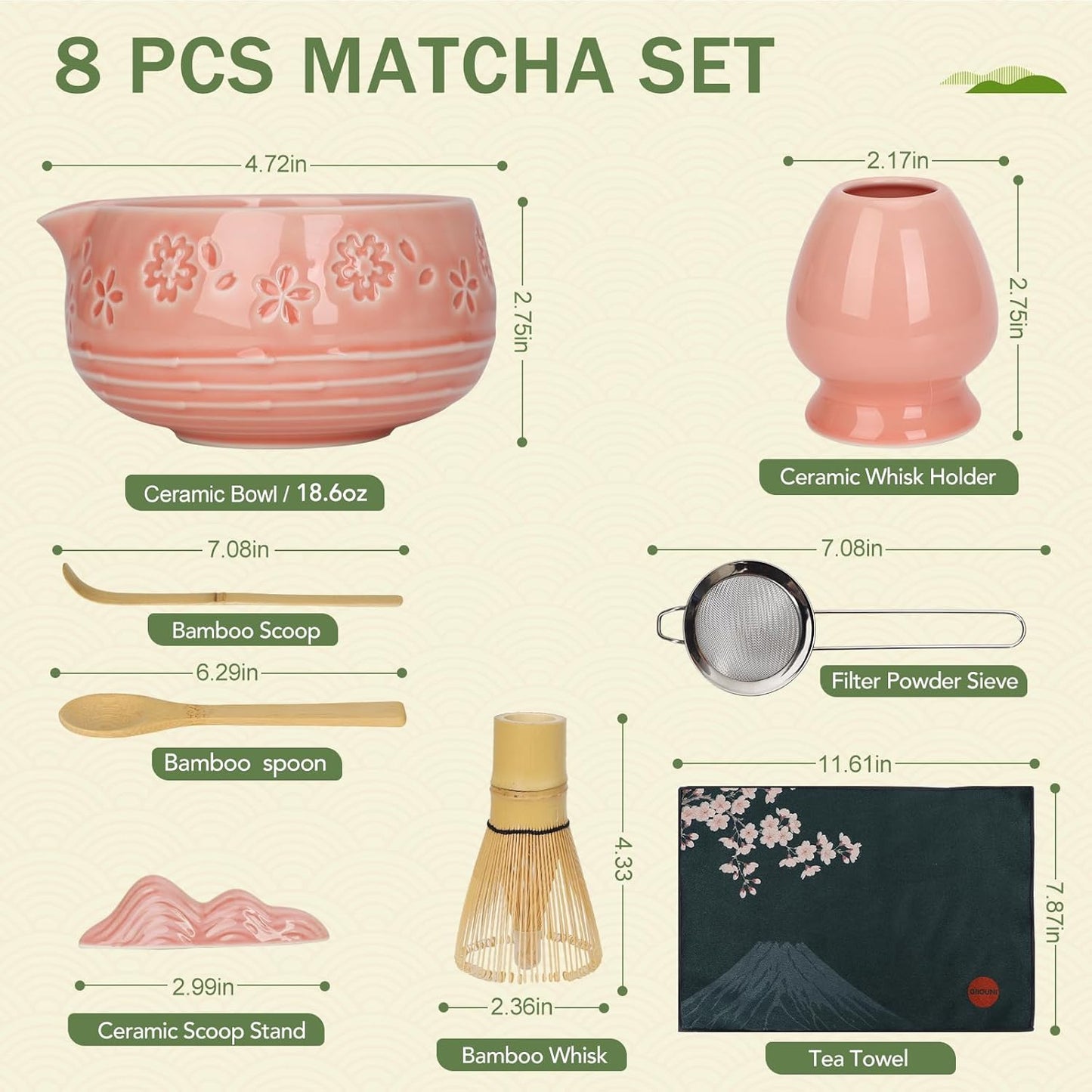 Matcha Whisk Set, Ceramic Matcha Set with Bowl, Chasen Holder, Scoop Rest, Sifter, 8-Pcs Japanese Ceremony Matcha Kit–Matcha Lovers Gift for Women Mom Girl Friend-Matcha Green