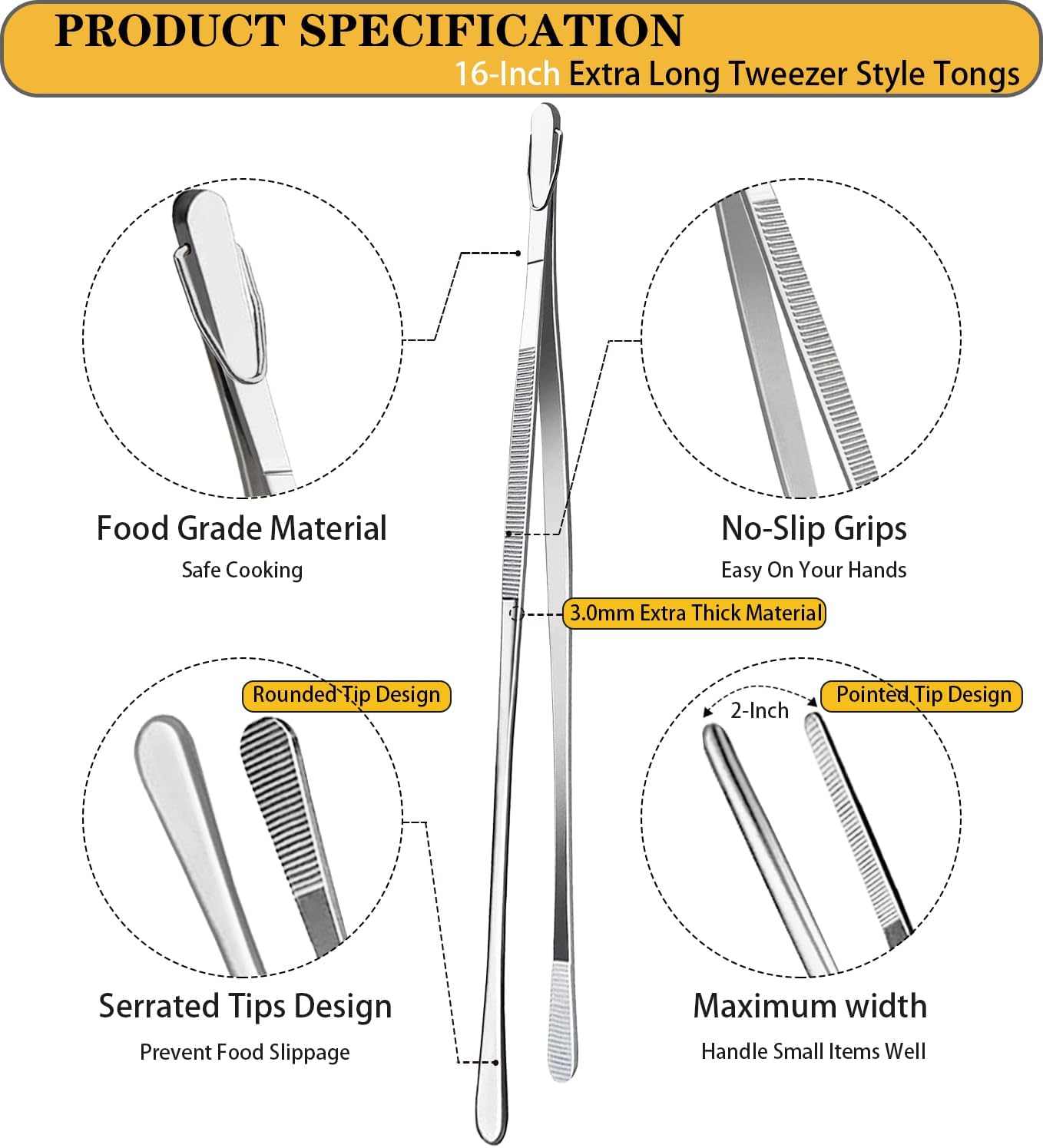 JETKONG 2 Pcs 12-Inch Kitchen Tweezers Fine Tweezer Tongs, Extra-Long Stainless Steel Cooking Tweezers (Silver)