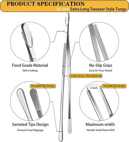 JETKONG 2 Pcs 12-Inch Kitchen Tweezers Fine Tweezer Tongs, Extra-Long Stainless Steel Cooking Tweezers (Silver)