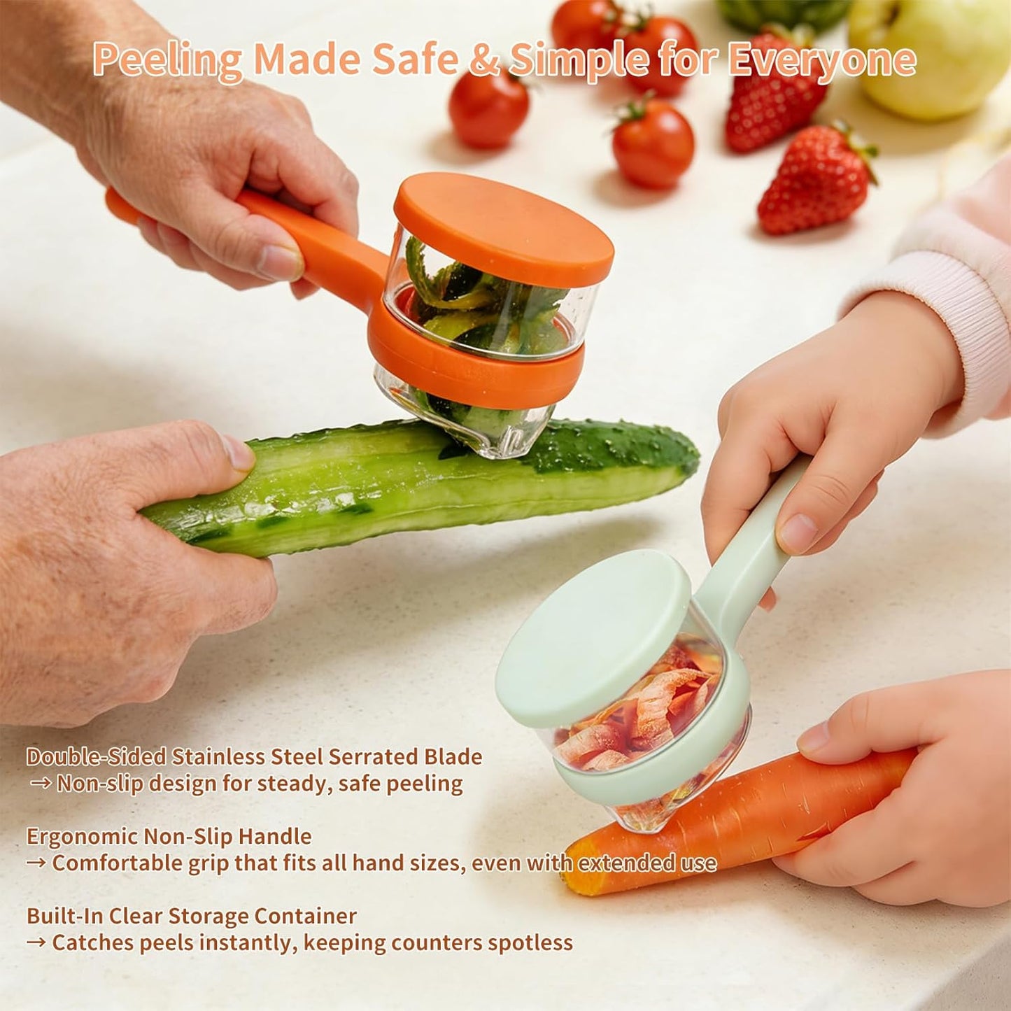 Vegetable Peeler with Container, Stainless Steel Potato Peeler and Fruit Peeler with Storage Box, Multi-Function Veggie Peeler with Peel Catcher for Home Kitchen (Orange)