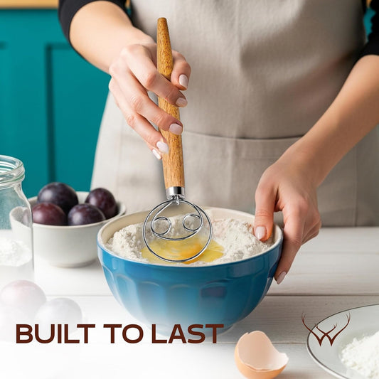 WOODLANDS USA Danish Dough Whisk for sourdough 13 Inch - 304 Stainless Steel Hook with Long Wooden Handle – Essential bread whisk, artisan mixing & bread making