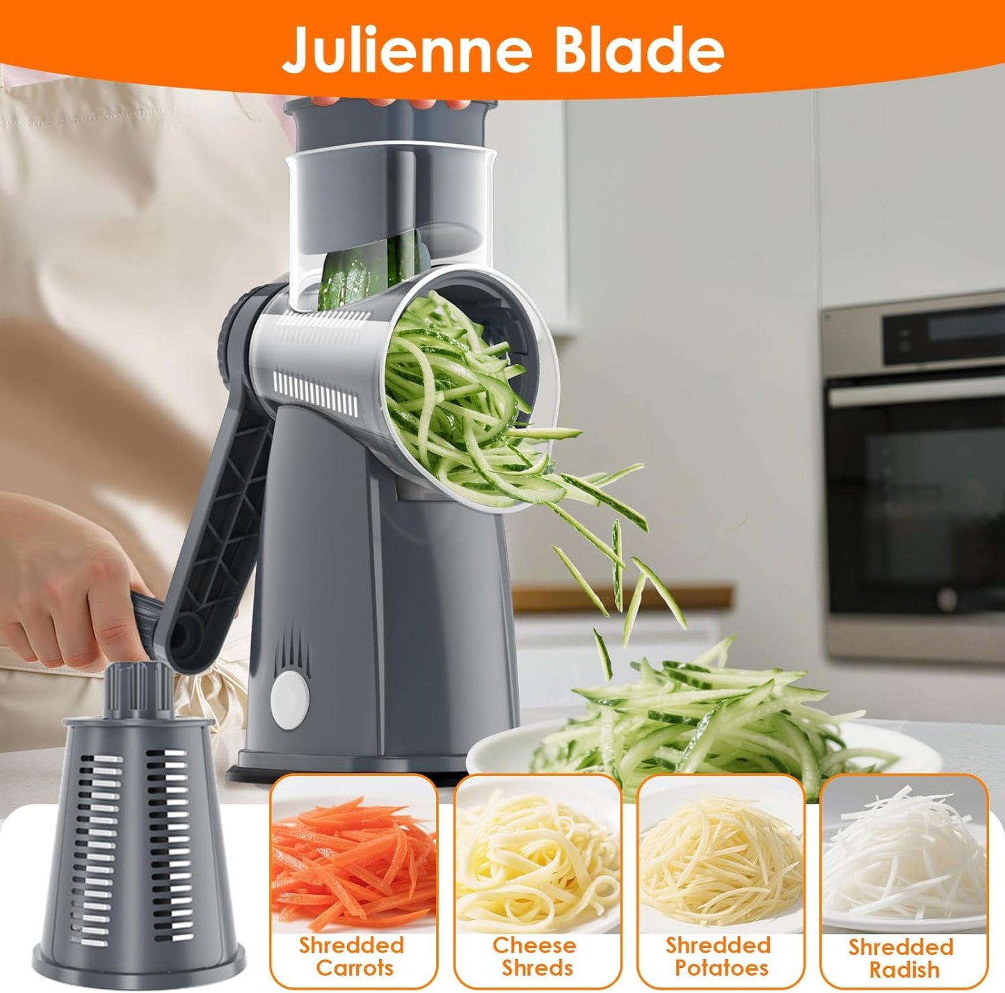 MealHelper 5 Blade Rotary Cheese Grater and Vegetable Chopper with Storage Box and Hand Crank, Compact Shredder for Cheeses, Veggies, Nuts - Easy to Use, Non-slip Suction Base,White