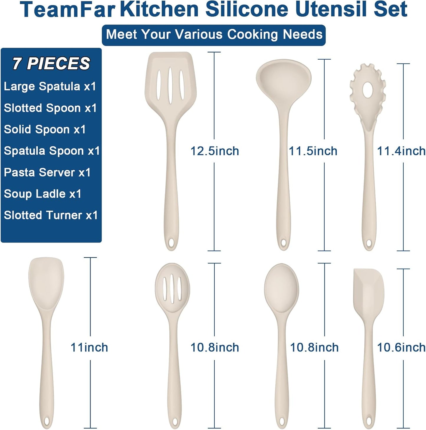 TeamFar Silicone Cooking Utensil Set of 7, Black Kitchen Nonstick Tools Turner Spoon Spatula Ladle Pasta Server for Nonstick Cookware, Healthy & One-Piece, Anti-Heat & Dishwasher Safe