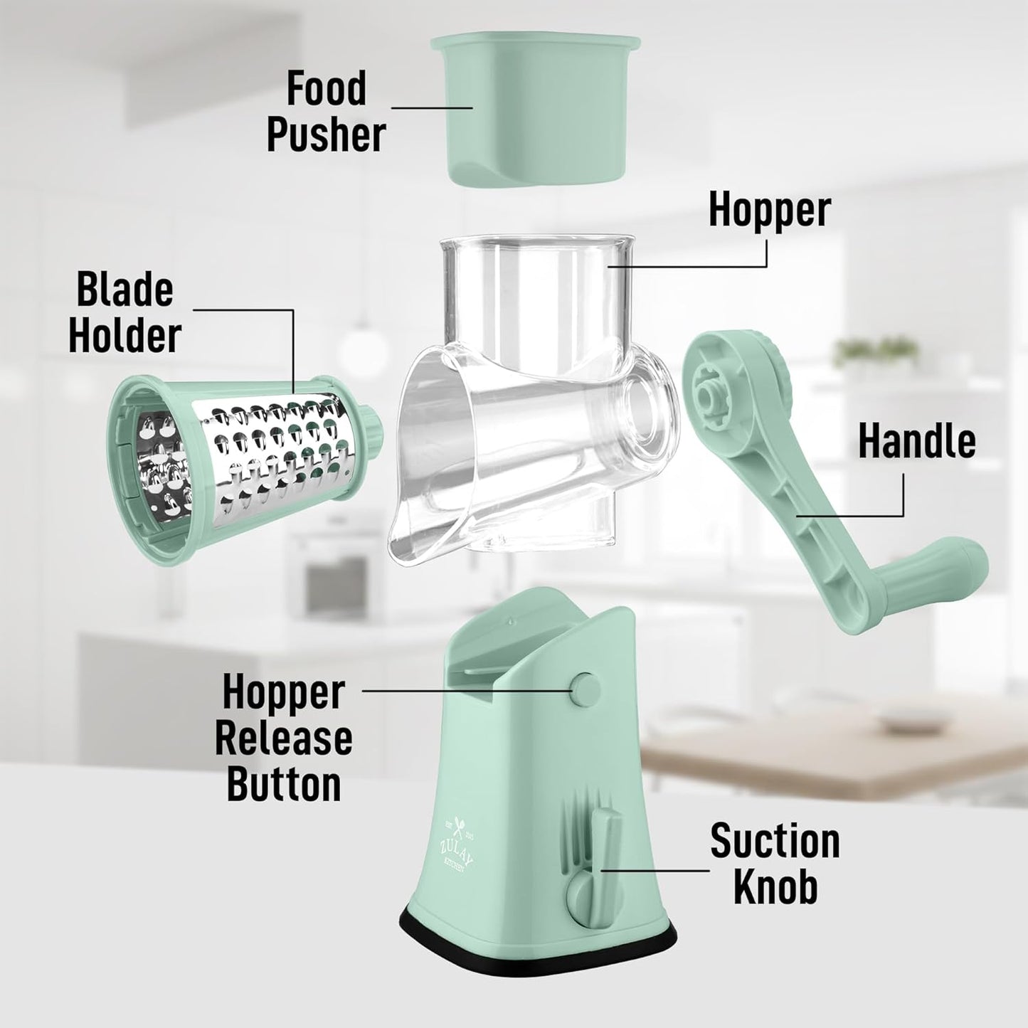 Zulay Kitchen Rotary Cheese Grater 5 Blade Cheese Shredder - Manual Hand Crank Cheese Grater With Reinforced Suction & 5 Interchangeable Drums - Easy to Use, Vegetable Chopper Round Mandoline Slicer - Colors B