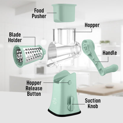 Zulay Kitchen Rotary Cheese Grater 5 Blade Cheese Shredder - Manual Hand Crank Cheese Grater With Reinforced Suction & 5 Interchangeable Drums - Easy to Use, Vegetable Chopper Round Mandoline Slicer - Colors B
