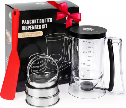 FUNGYAND Pancake Batter Dispenser, 4-Cup Set with Muffin Rings & Spatula - Ideal for Pancakes, Cupcakes, Waffles, and Muffins, Easy Squeeze Handle