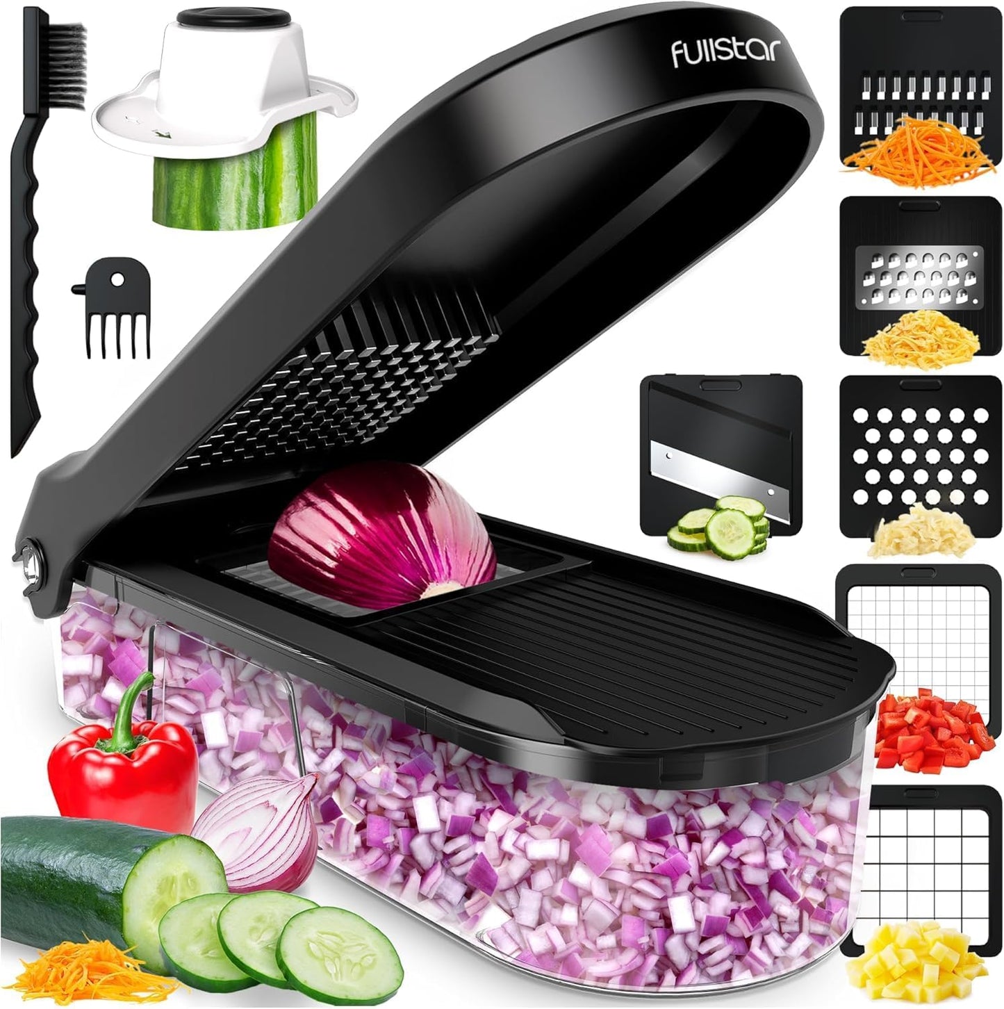 Fullstar Mandoline Slicer for Kitchen - Vegetable Chopper, Onion Potato Food Veggie Fruit Slicer and Cutter with Container, Kitchen Gadgets & Gifts, Home Essentials (6-in-1, White/Black)