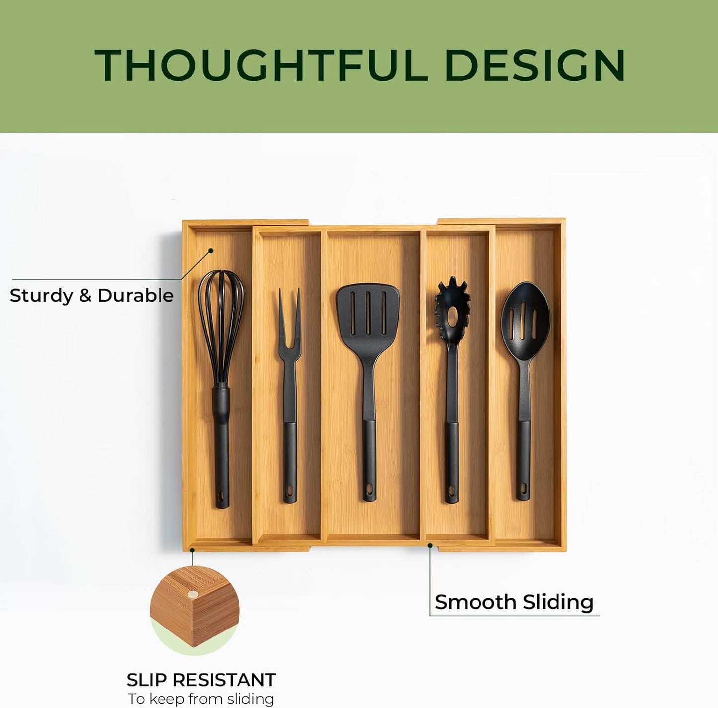 keechee Carbonized Bamboo Kitchen Drawer Organizer, 10 Slots Expandable Silverware Organizer, Utensil Holder & Cutlery Tray, 2.2" Deep for Extra Capacity, Non-Slip Feet Included