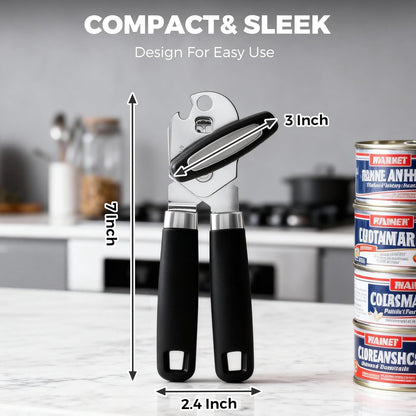 Easy Turn Smooth Edge Manual Can Opener, Hand Held Kitchen Gadget for Arthritis and Weak Hands, Effortless Rust-Proof Stainless Steel with Built-in Bottle Opener