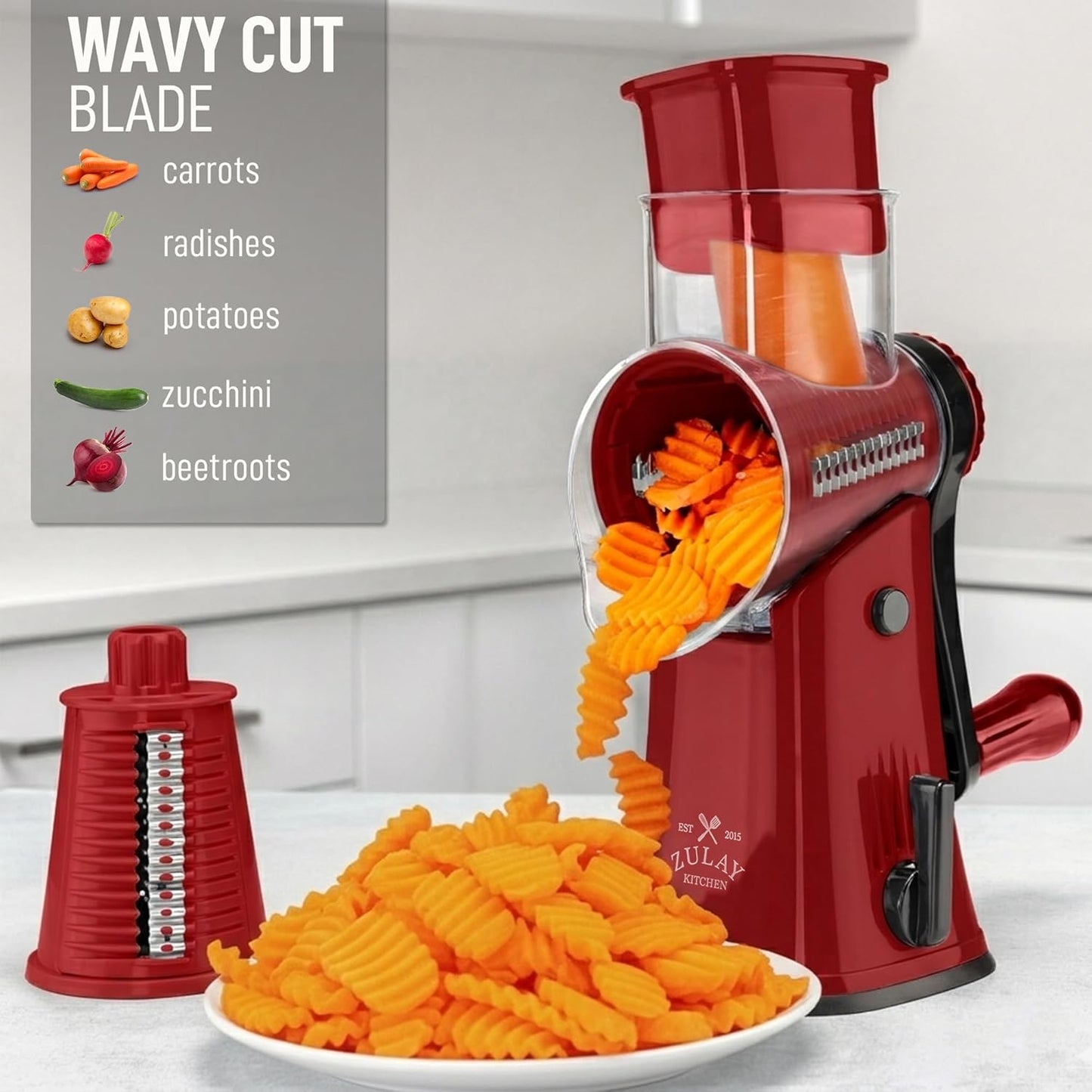 Zulay Kitchen Rotary Cheese Grater 5 Blade Cheese Shredder - Manual Hand Crank Cheese Grater With Reinforced Suction & 5 Interchangeable Drums - Easy to Use, Vegetable Chopper Round Mandoline Slicer - Colors B