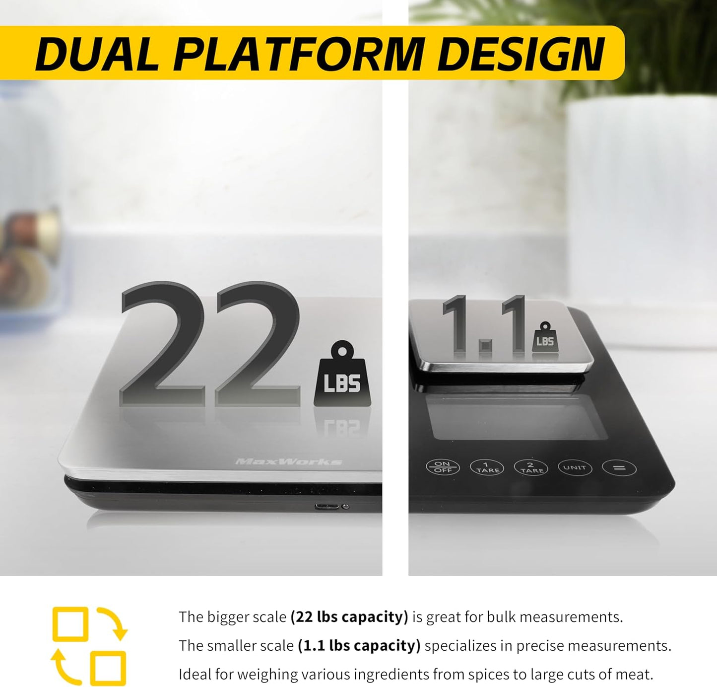MaxWorks Precision Dual Platform Kitchen Scale Measure Bulk and Fine Ingredients Simultaneously 22 lb Max Capacity Stainless Steel and Glass Digital Scale with USB Charging and 2 Way Power (51069)