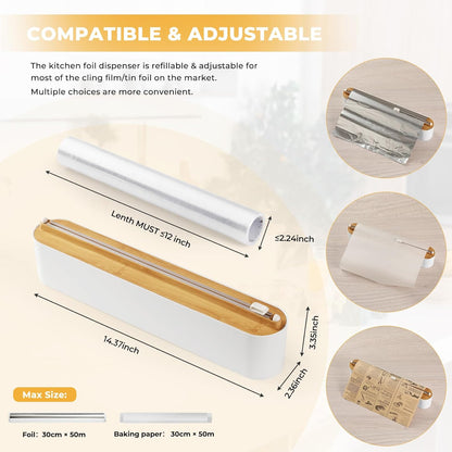 Aluminum Foil & Plastic Wrap Dispenser with Slide Cutter - Magnetic & No-Drill Wall Mount, Cling Film Dispenser for Worktops & Cabinets, Space-Saving Kitchen Organizer - Fits 12" Rolls, White