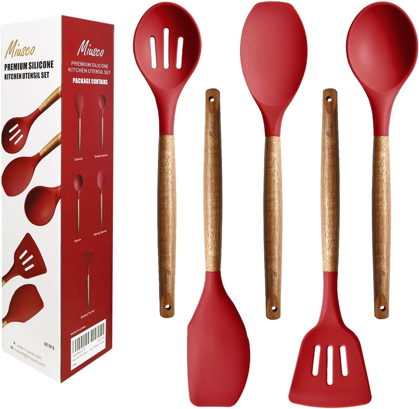Kitchen Utensils Set, Silicone Cooking Utensils Set,Non-Stick Silicone Spatula Set with Natural Acacia Hard Wood Handle, 5 Piece, Upgraded Thickened Cookware