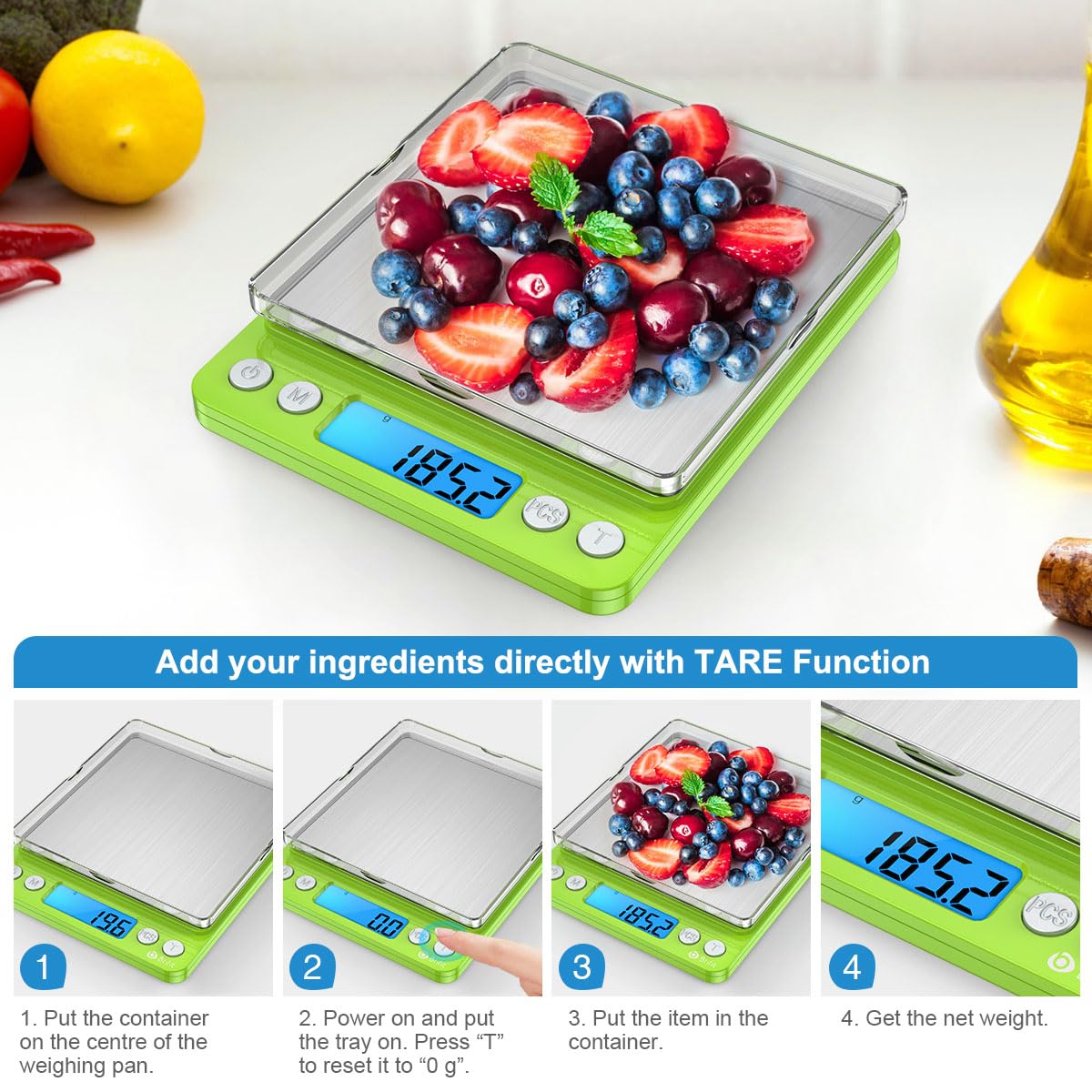 AMIR Digital Kitchen Scale, 3000g 0.01oz/ 0.1g Pocket Coffee Scale, Mini Food Scale, Pro Electronic Jewelry Scale with Back-Lit LCD Display, Tare & PCS Functions, Stainless Steel, Batteries Included