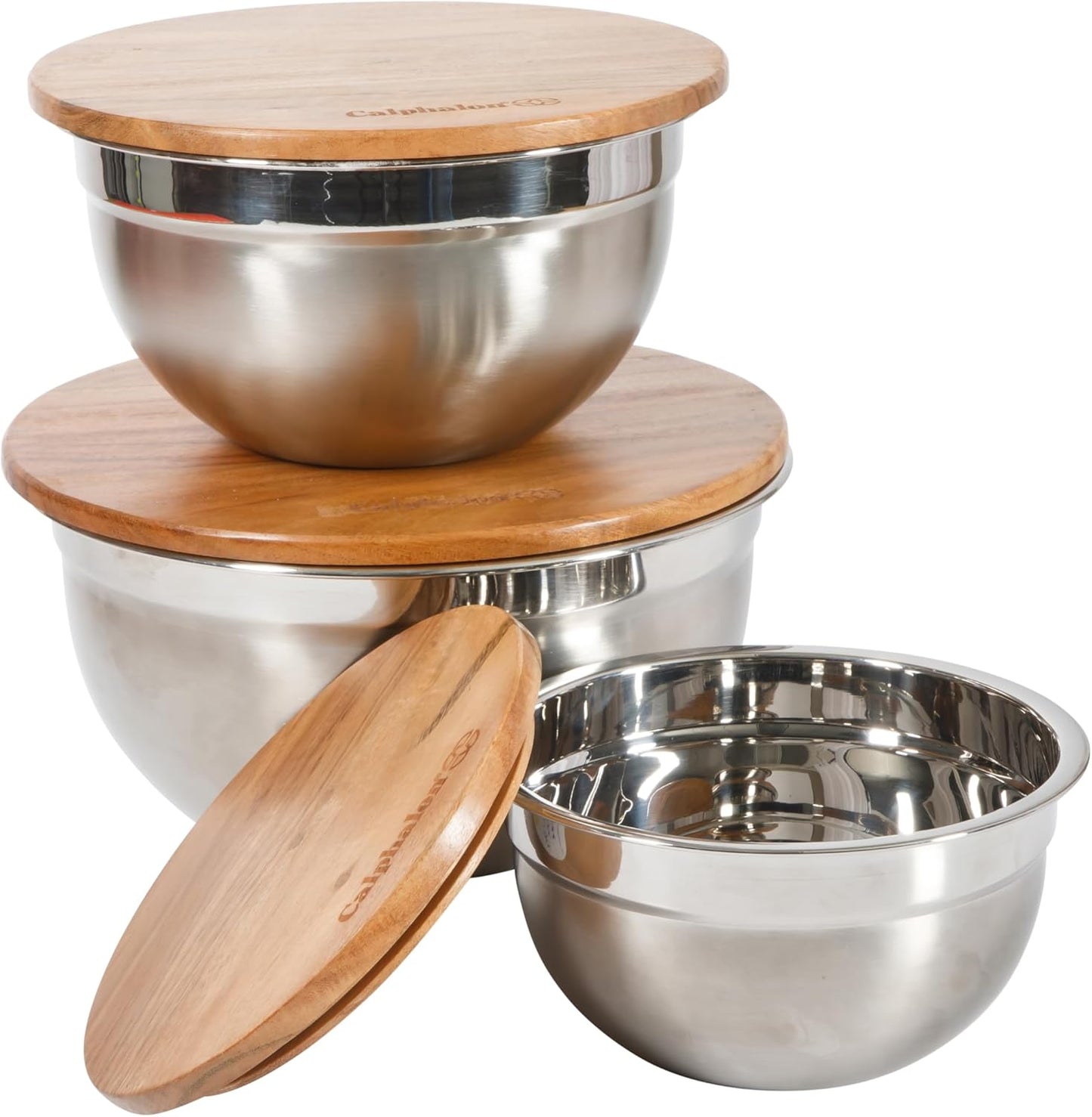 Calphalon Orbit 3 Piece Mixing Bowl Set with Acacia Wood Lids, Nesting Kitchen Mixing Bowls for Baking, Cooking, Meal Prep and Food Storage, Durable Design with Airtight Style Covers