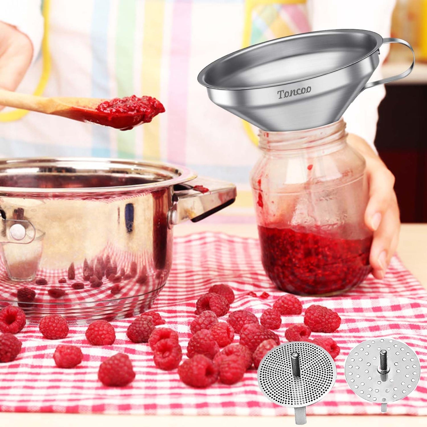 Toncoo 3 Pack Stainless Steel Funnels for Kitchen Use, Food Grade Cooking Funnel with 3 Strainer, Kitchen Funnel Set Metal Funnels for Filling Bottles