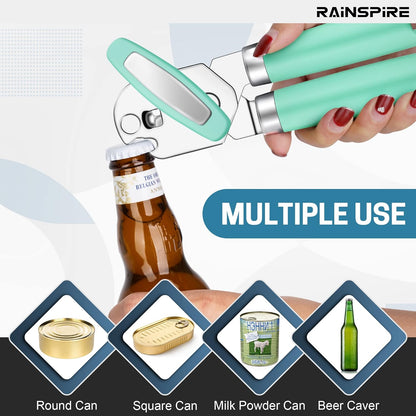 Rainspire Upgraded Can Opener Manual with Bottle Opener Smooth Edge Cut, Can Opener Heavy Duty, Comfortable Soft Handle, Built-in Bottle Opener, Black