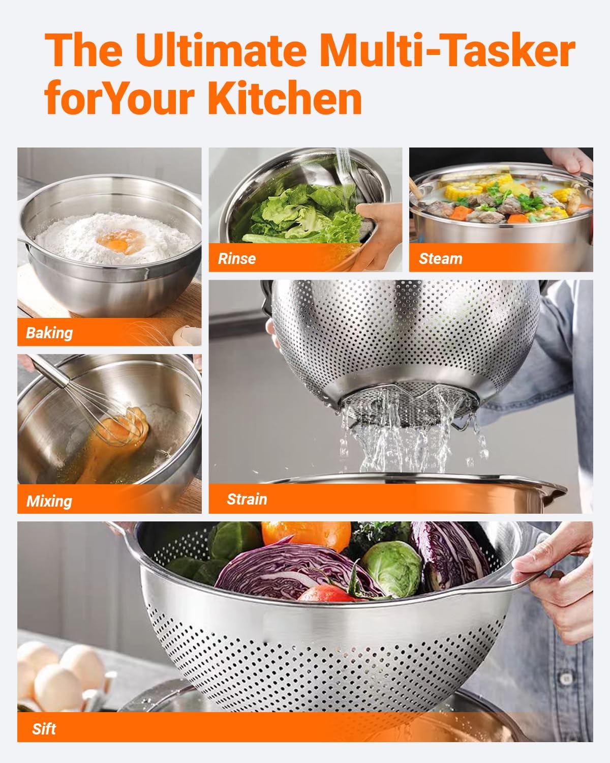 4 PCS Stainless Steel Colander and Mixing Bowl Set, 3QT & 5QT Strainer Bowls with Handle, Metal Mesh Basket for Washing Rice, Pasta, Fruit, Vegetables, Kitchen Draining Set