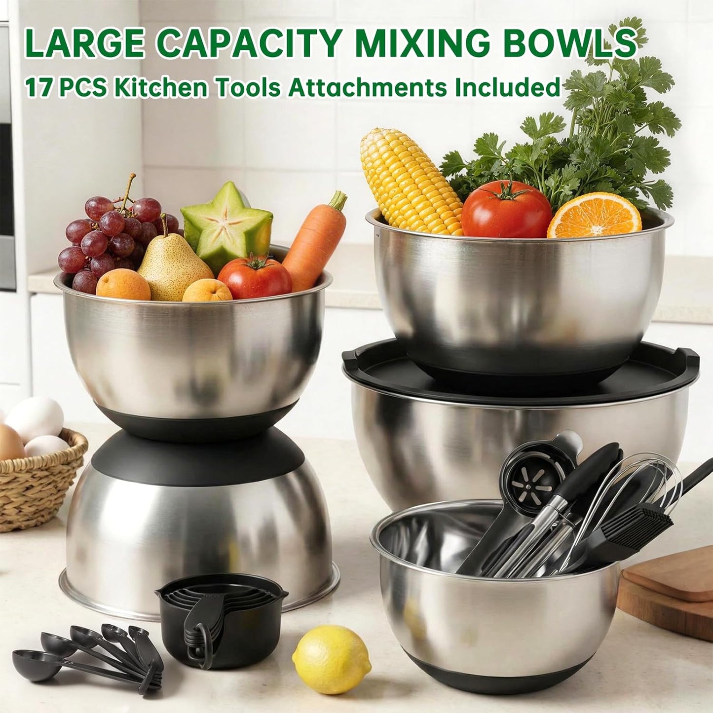 Deedro Premium Mixing Bowls with Airtight Lids Set, 22Pcs Thicker Stainless Steel Mixing Bowl Set, Large Prep Metal Bowls, Non-Slip Silicone Base Nesting Bowls for Kitchen, 1.5/2/3/4/5 QT, Khaki
