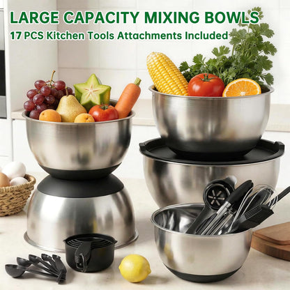 Deedro Premium Mixing Bowls with Airtight Lids Set, 22Pcs Thicker Stainless Steel Mixing Bowl Set, Large Prep Metal Bowls, Non-Slip Silicone Base Nesting Bowls for Kitchen, 1.5/2/3/4/5 QT, Khaki