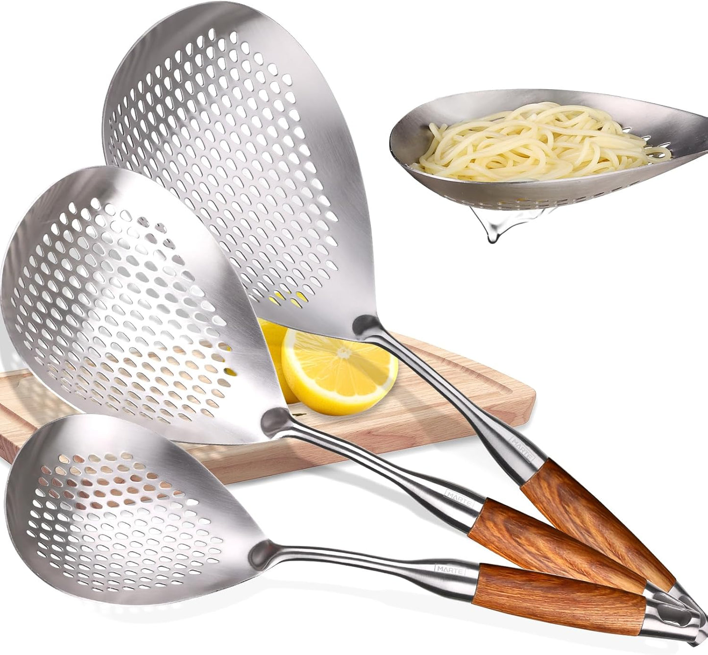 MARTE Skimmer Slotted Spoon Set of 4 - Kitchen Pasta Strainer Spoon - Spider Strainer Skimmer Ladle Spoon with Holder for Cooking and Frying Food, Spaghetti, Vegetable, Dumpling - 14.8In,16.5In,17In