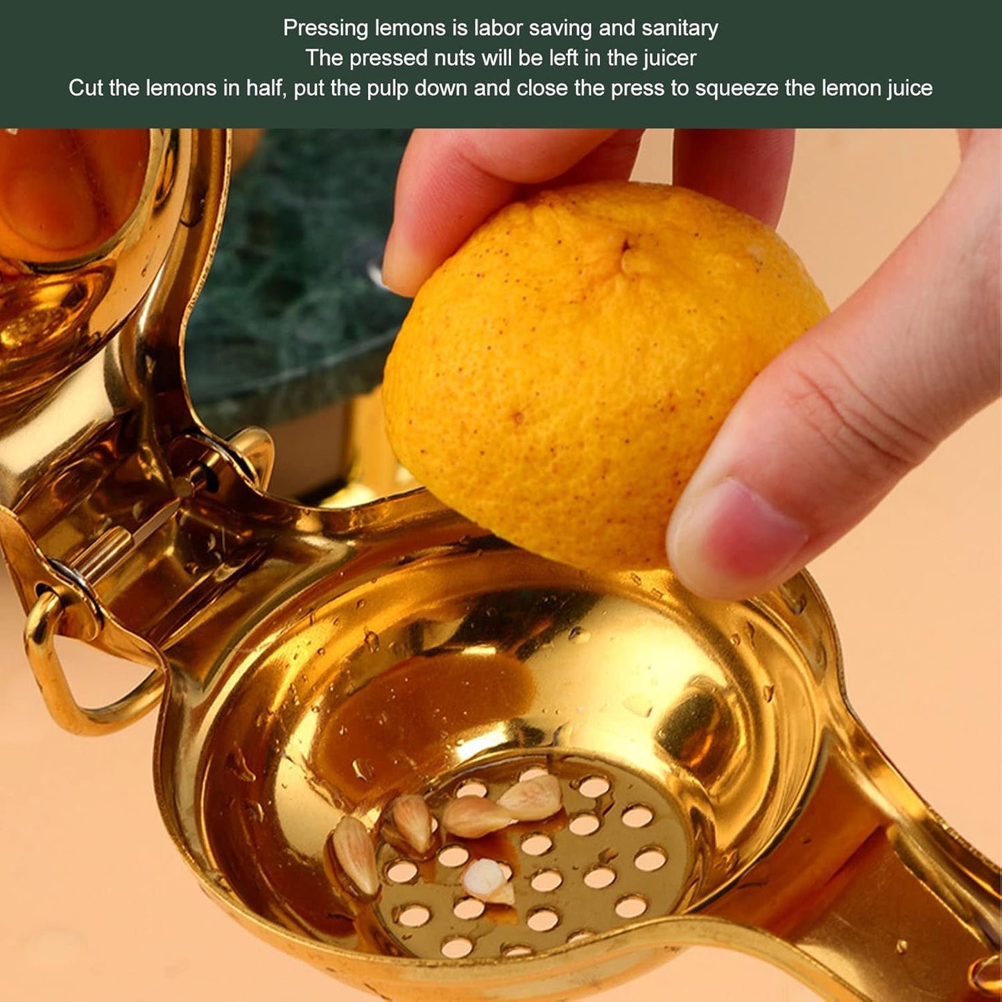 Stainless Steel Lemon Squeezer, Manual Citrus Juicer with Long Ergonomic Handle, Gold Finish – Juice Press for Lemons, Limes, Oranges