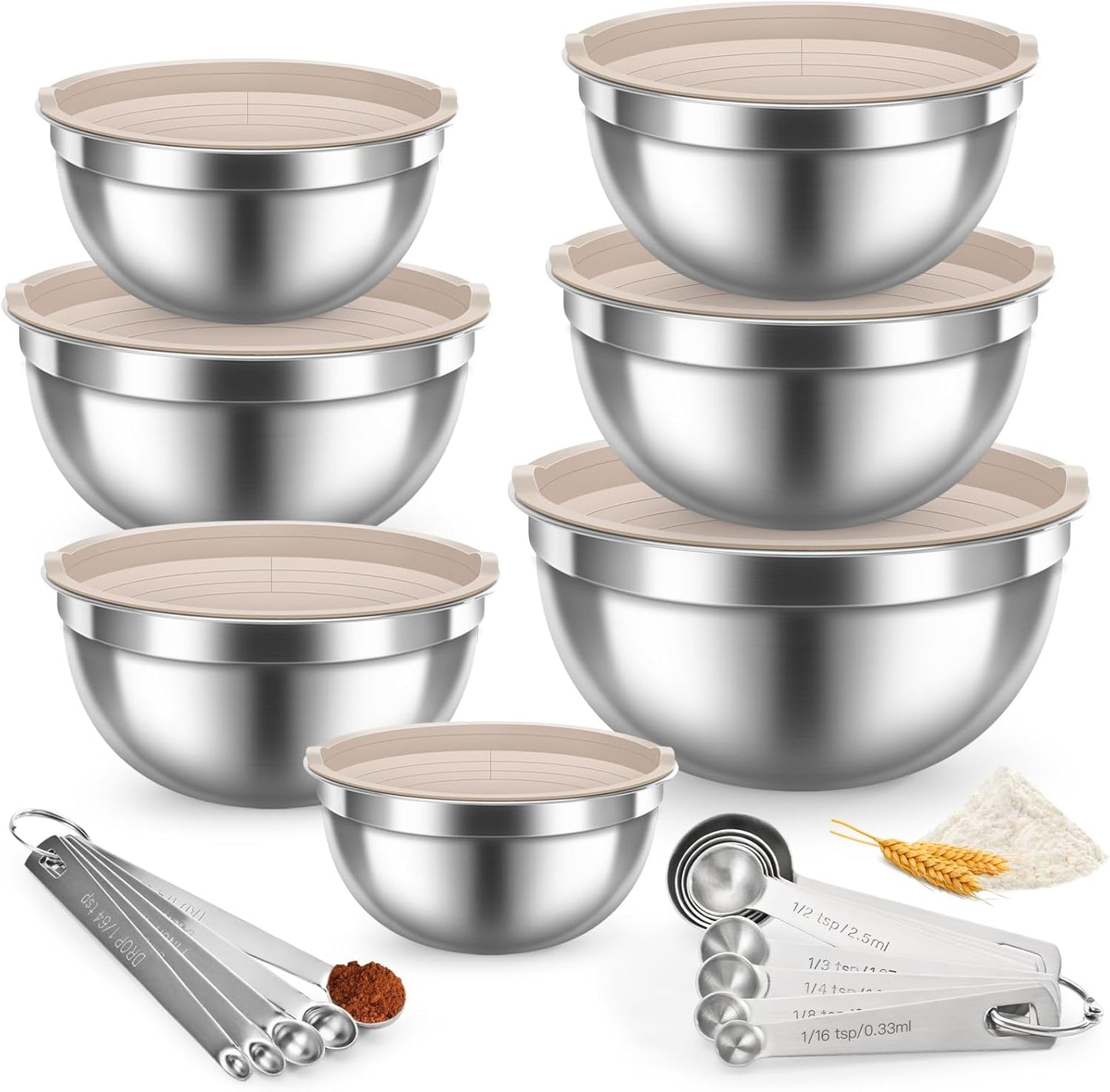 31PCS Mixing Bowls with Lids Set, 5.5QT to 0.6QT Stainless Steel Nesting Bowls with Graters, Large Khaki Bowls & 21 Measuring Cups and Spoons Set Kitchen Appliances for Mixing, Baking, Food Storage