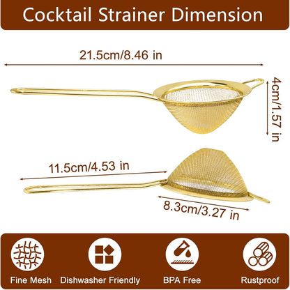 Small Fine Mesh Strainer, Stainless Steel Cocktail Sieve Mini Strainer for Cocktails, Tea, Herbs, Drinks and Coffee, Small Sifter with Handle (Gold)