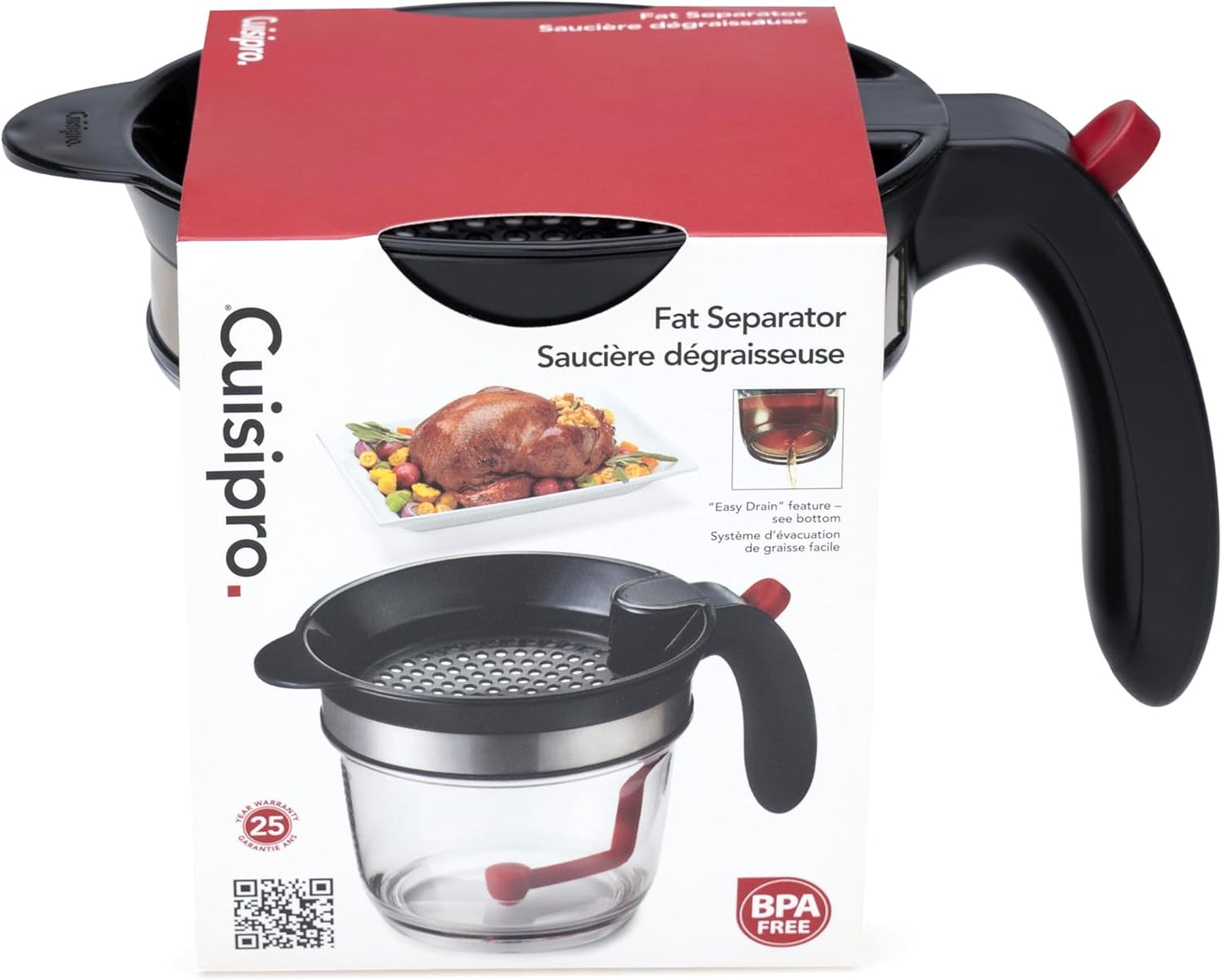 Cuisipro Fat Separator with Bottom Release, Plastic, 4 Cup Strainer with Handle, Grease Strainer Dishwasher Safe, Oil Separator for Kitchen