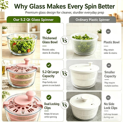 Good Grips Large 5.2 Qt Glass Salad Spinner Vegetable Dryer with Drain Dishwasher Safe with Transparent Lid Crank Handle Quick Spin Greens Washer for Lettuce Herbs Fruits Pink