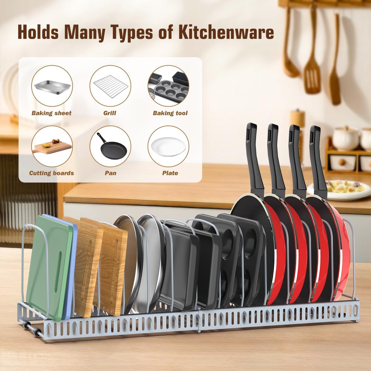 Housolution Cutting Board Organizer Rack, Expandable Baking Tray and Cookie Sheet Organizer with 14 Adjustable Dividers, Bakeware Muffin Tin Cupcake Pan Storage Organizer for Cabinet, Black