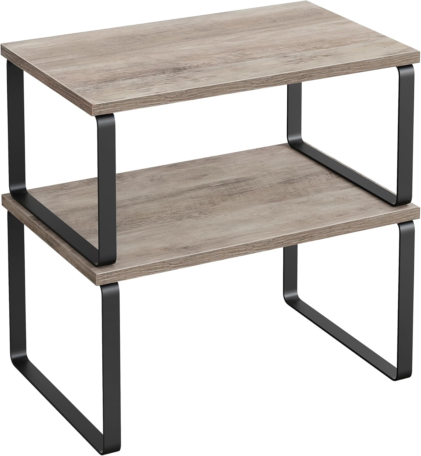 SONGMICS Cabinet Organizer Shelf, Set of 2 Kitchen Counter Shelves, Kitchen Storage, Spice Rack, Stackable, Expandable, Metal and Engineered Wood, Ink Black and Natural Beige UKCS02NB