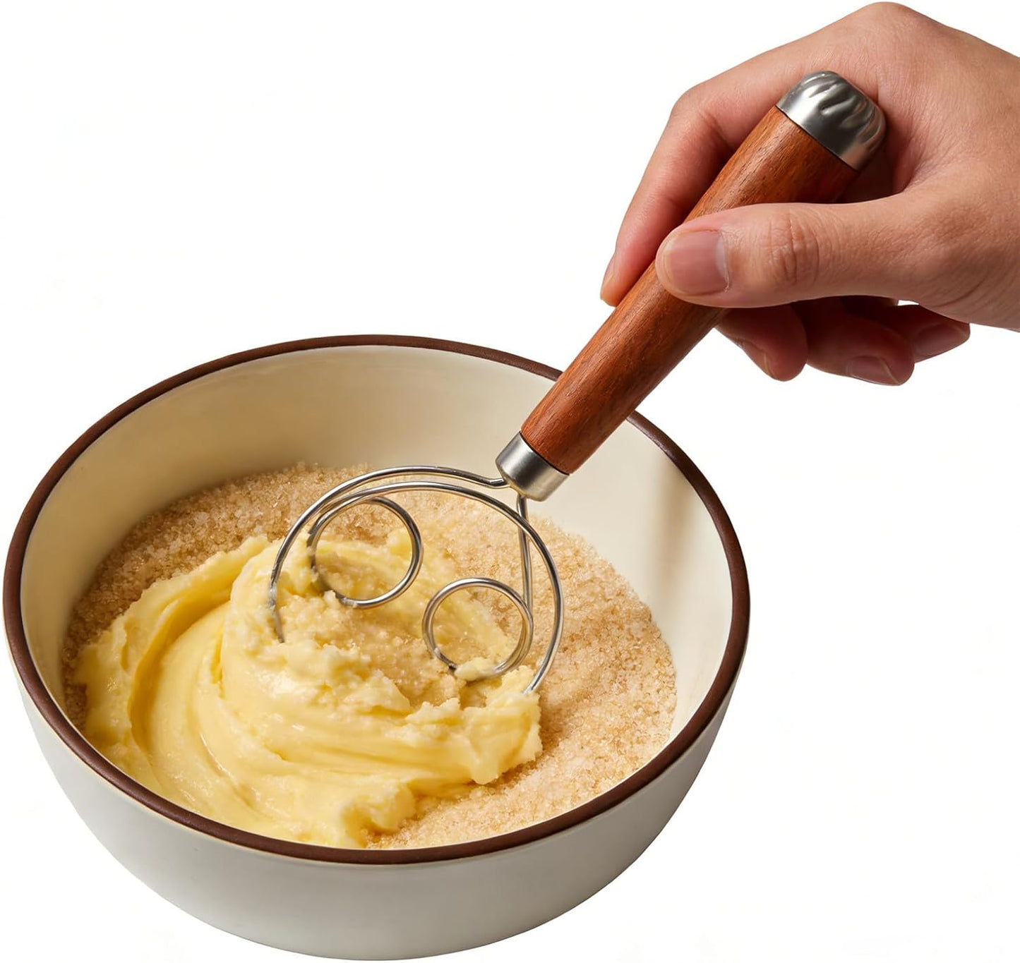 PRETYZOOM Danish Dough Whisk Stainless Steel Bread Mixing Tool with Wooden Handle for Sourdough Baking and Kitchen Cooking