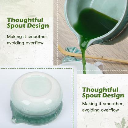 8 Pcs Matcha Whisk Set, Ceramic Matcha Japanese Tea Set Includes 16oz Bowl, Whisk and Holder, Bamboo Scoop and Spoon, Scoop Rest, Sifter and Towel, Green Glaze Making Kit for Tea Lovers