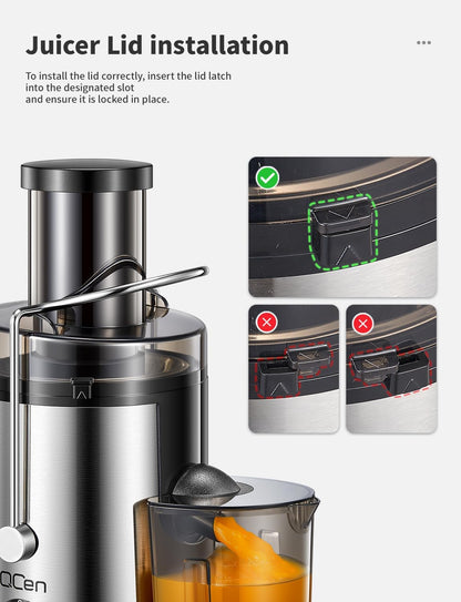 Qcen Juicer Machine, 500W Centrifugal Juicer Extractor with Wide Mouth 3” Feed Chute for Fruit Vegetable, Easy to Clean, Stainless Steel, BPA-free (Black)