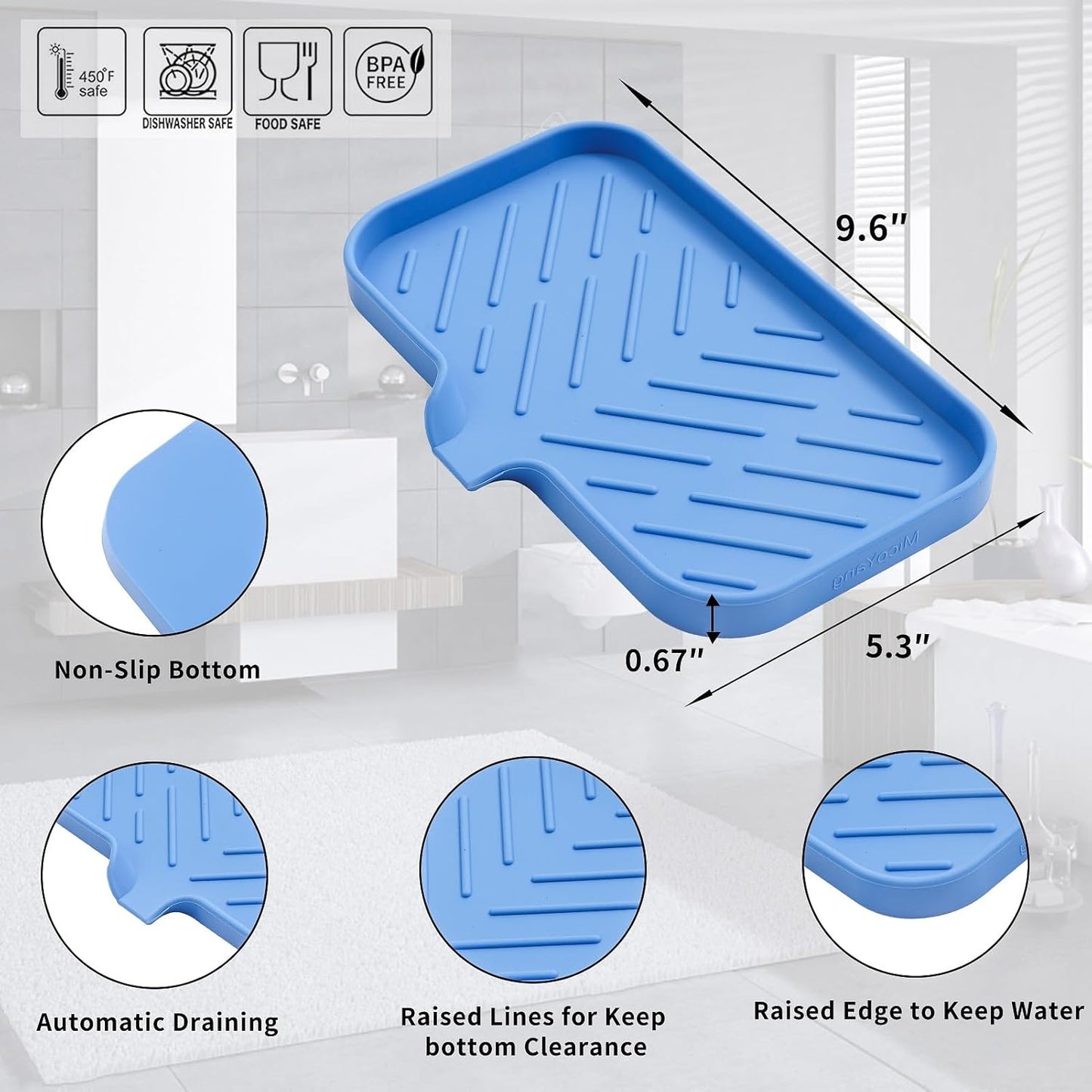 MicoYang Silicone Soap Dish with Drain Spout, Self-Draining Sink Organizer Tray for Bathroom and Kitchen, Sponges, Dispensers and Soap Holder, Non-Slip and Dishwasher Safe, Black (Compact, 4.9"×3.2")