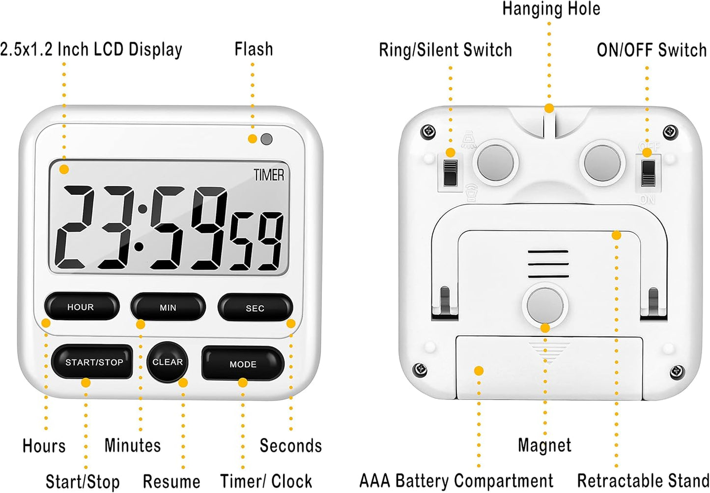 KTKUDY Digital Kitchen Timer with Mute/Loud Alarm Switch ON/Off Switch, 12-Hour Clock & Alarm, Memory Function Count Up & Count Down for Kids Teachers Cooking, Large LCD Display, Strong Magnet (Black)