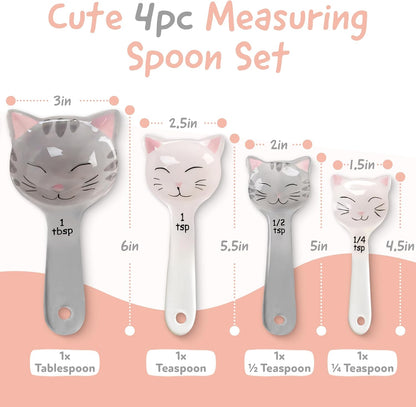 Cat Shaped Ceramic Measuring Spoons - Gift for Any Cat Lover - Cat Ceramic Measuring Spoons Baking Tool - Creative Functional Kitchen Decor - Comes in White and Gray - Set of 4