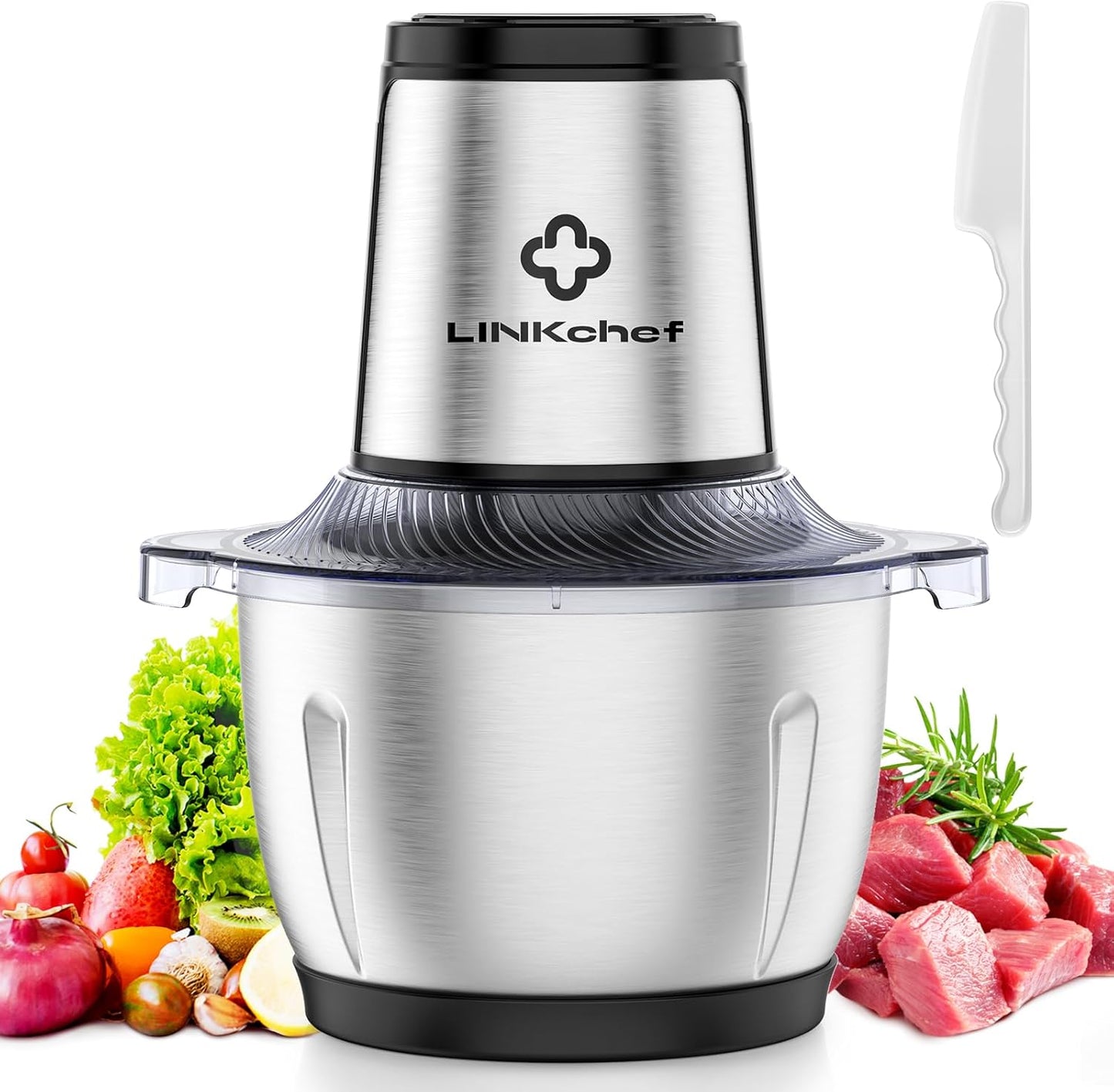 LINKChef Food Processor Small, 10 Cup Food Chopper with Container, 2.3L 600W Electric Meat Grinder for Home Use, Stainless Steel Mini Food Processor for Kitchen, Vegetable, Onion, Garlic, Salad